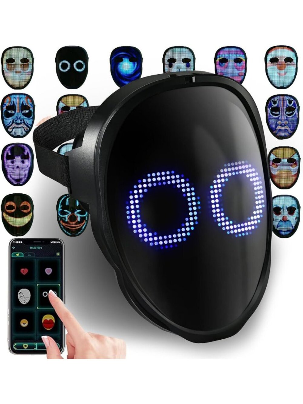LED Halloween Mask with Gesture Control, App-Enabled, Rechargeable & Light-Up